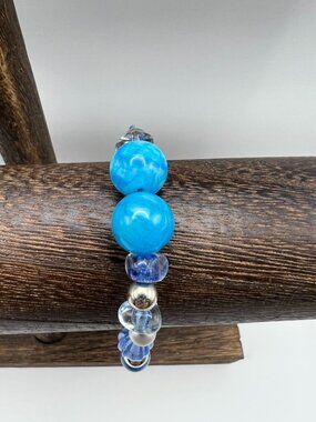 Blue & Silver Glass Bead Stretch Bracelet With Marbled Accents